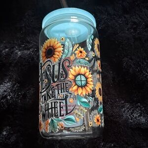 Sunflower Glass Jar with Straw